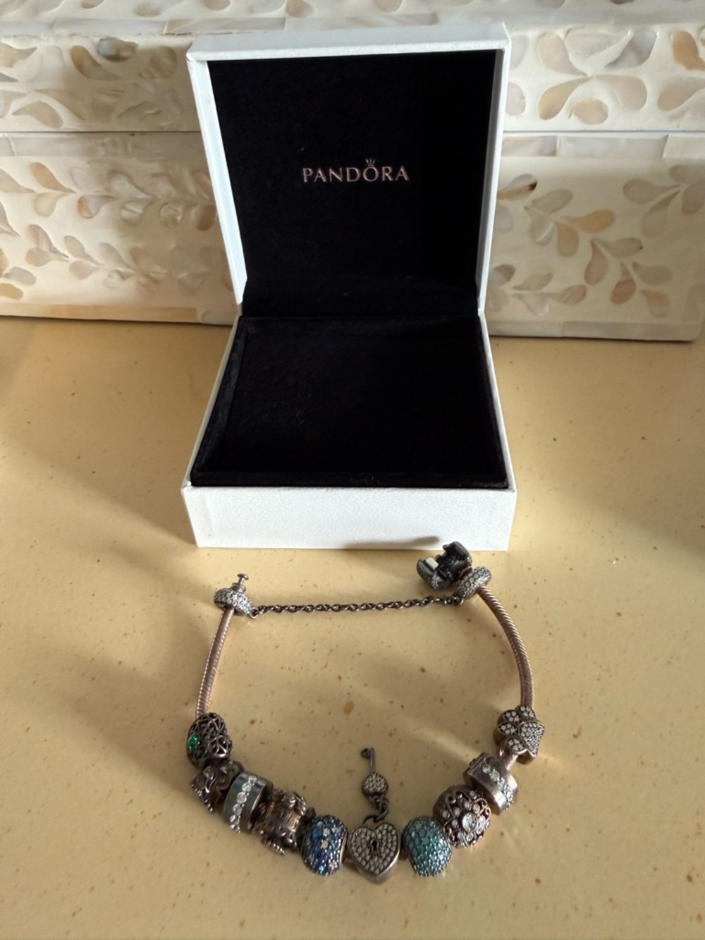 Pandora Silver Bracelet with Blue, Green and Clear Pave Charms